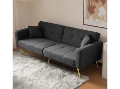 Sofá-cama com função de cama, ângulo regulável, pés dourados, com almofadas e bolsas de arrumação laterais