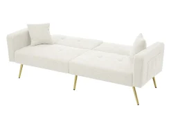 Sofá-cama com função de cama, ângulo regulável, pés dourados, com almofadas e bolsas de arrumação laterais