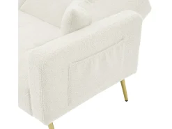 Sofá-cama com função de cama, ângulo regulável, pés dourados, com almofadas e bolsas de arrumação laterais