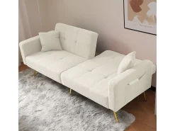 Sofá-cama com função de cama, ângulo regulável, pés dourados, com almofadas e bolsas de arrumação laterais
