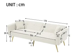 Sofá-cama com função de cama, ângulo regulável, pés dourados, com almofadas e bolsas de arrumação laterais