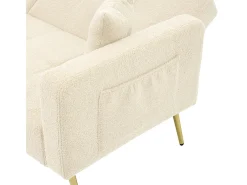 Sofá-cama com função de cama, ângulo regulável, pés dourados, com almofadas e bolsas de arrumação laterais, bege