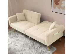 Sofá-cama com função de cama, ângulo regulável, pés dourados, com almofadas e bolsas de arrumação laterais, bege