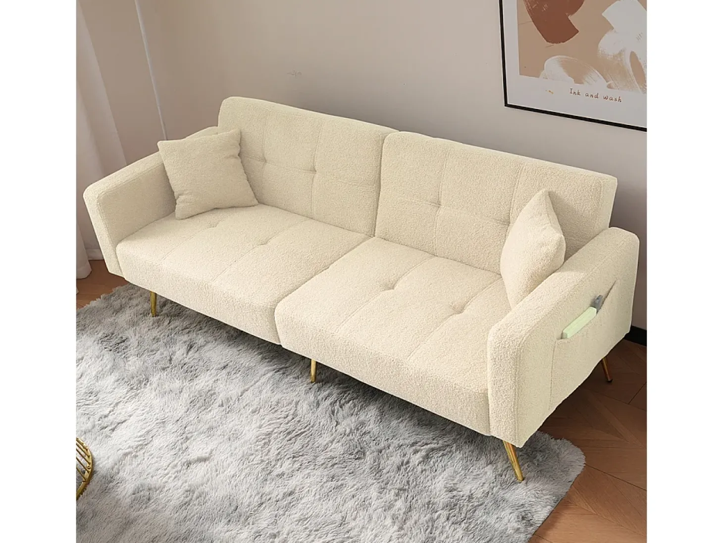 Sofá-cama com função de cama, ângulo regulável, pés dourados, com almofadas e bolsas de arrumação laterais, bege