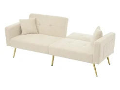 Sofá-cama com função de cama, ângulo regulável, pés dourados, com almofadas e bolsas de arrumação laterais, bege