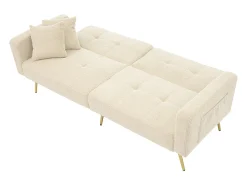 Sofá-cama com função de cama, ângulo regulável, pés dourados, com almofadas e bolsas de arrumação laterais, bege