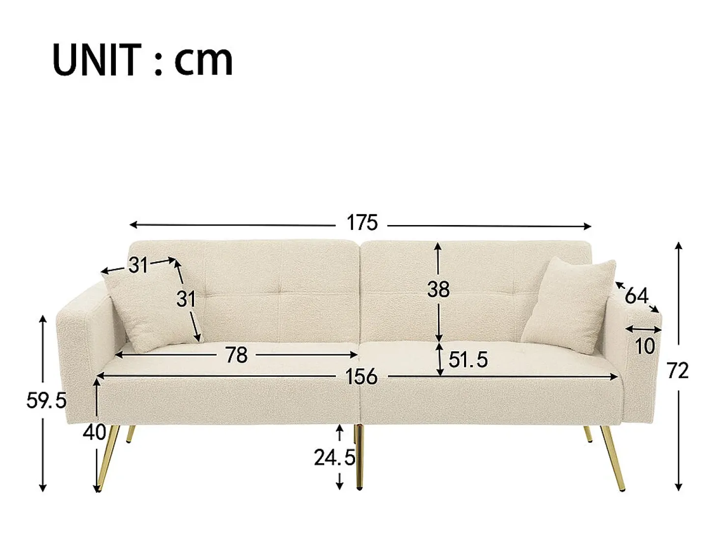 Sofá-cama com função de cama, ângulo regulável, pés dourados, com almofadas e bolsas de arrumação laterais, bege
