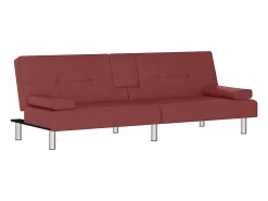 Sofá-cama com suporte p/ copos couro artificial vermelho tinto