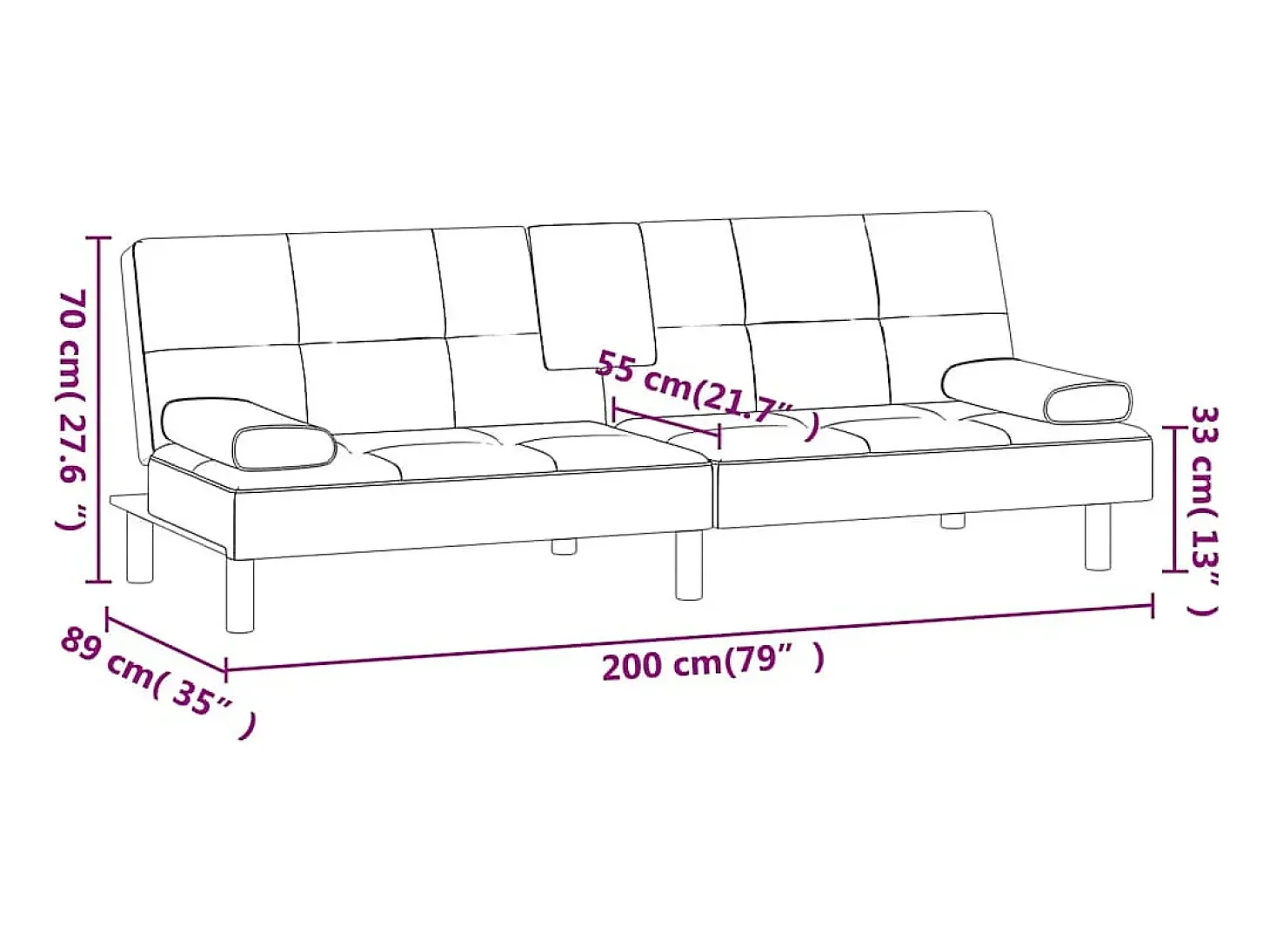 Sofá-cama com suporte para copos couro artificial cor creme