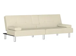 Sofá-cama com suporte para copos couro artificial cor creme