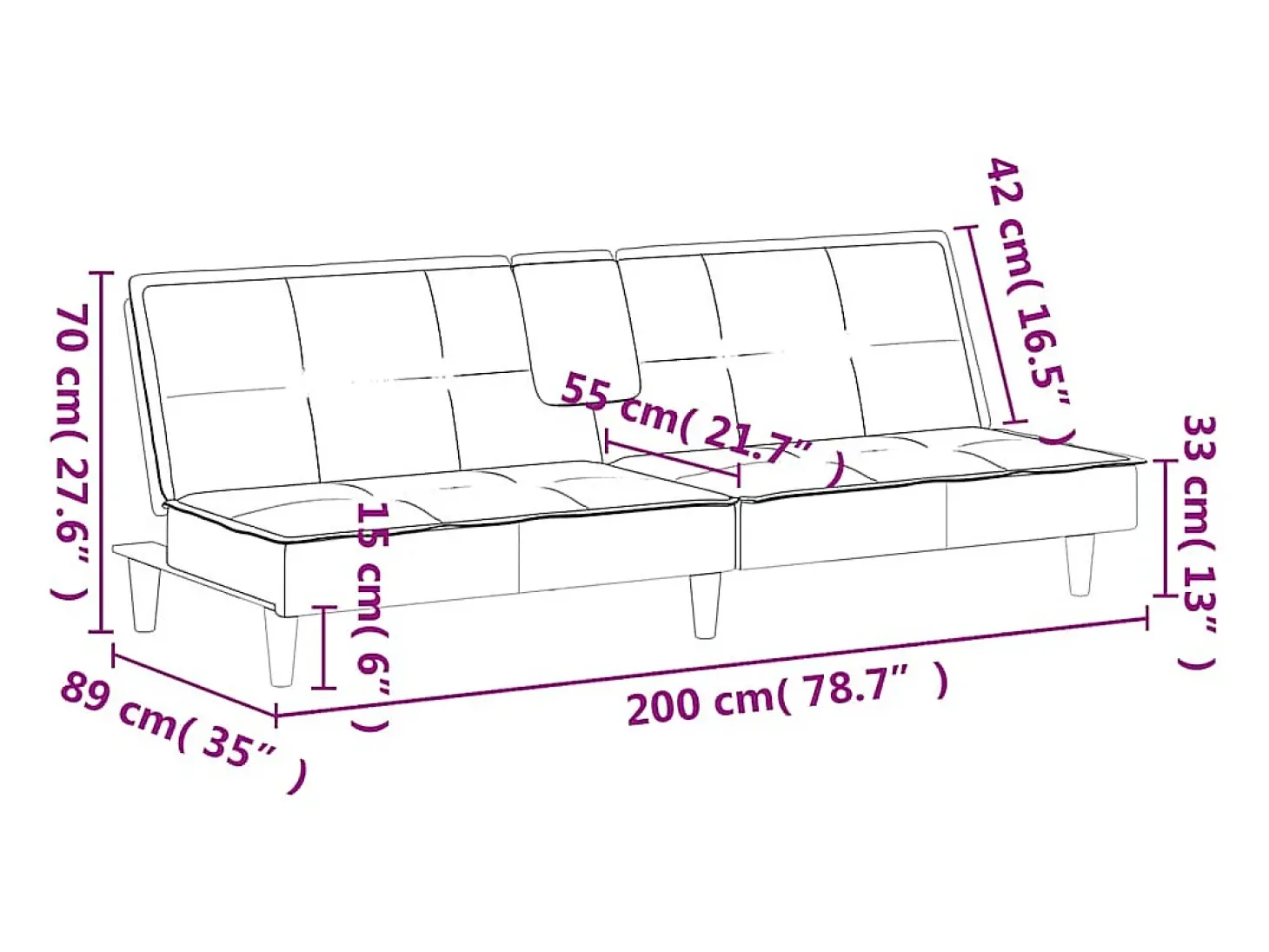 Sofá-cama com suporte para copos veludo rosa