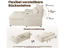 Sofá-cama conversível - 209 x 141,5 x 90 cm - com LEDs + USB + encosto ajustável + espaço de armazenamento - Chenille - bege