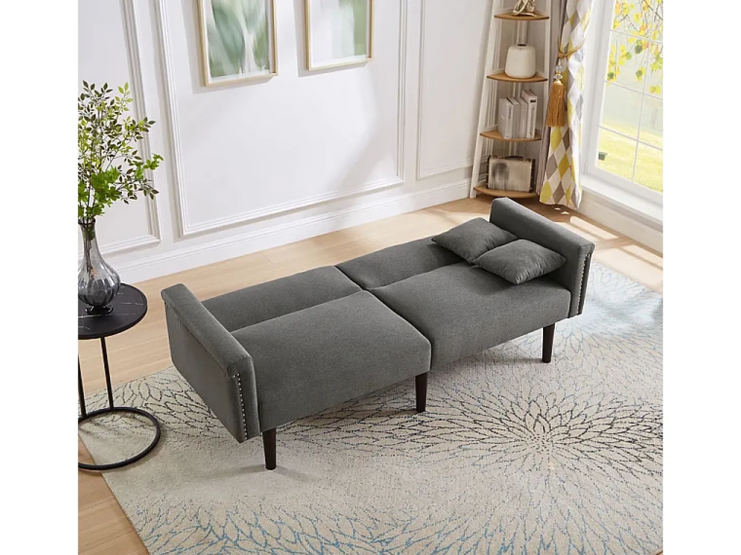 Sofá-cama conversível - com encostos ajustáveis independentes e 2 almofadas - tecido de linho algodão - 176x72/89x72cm - Cinza