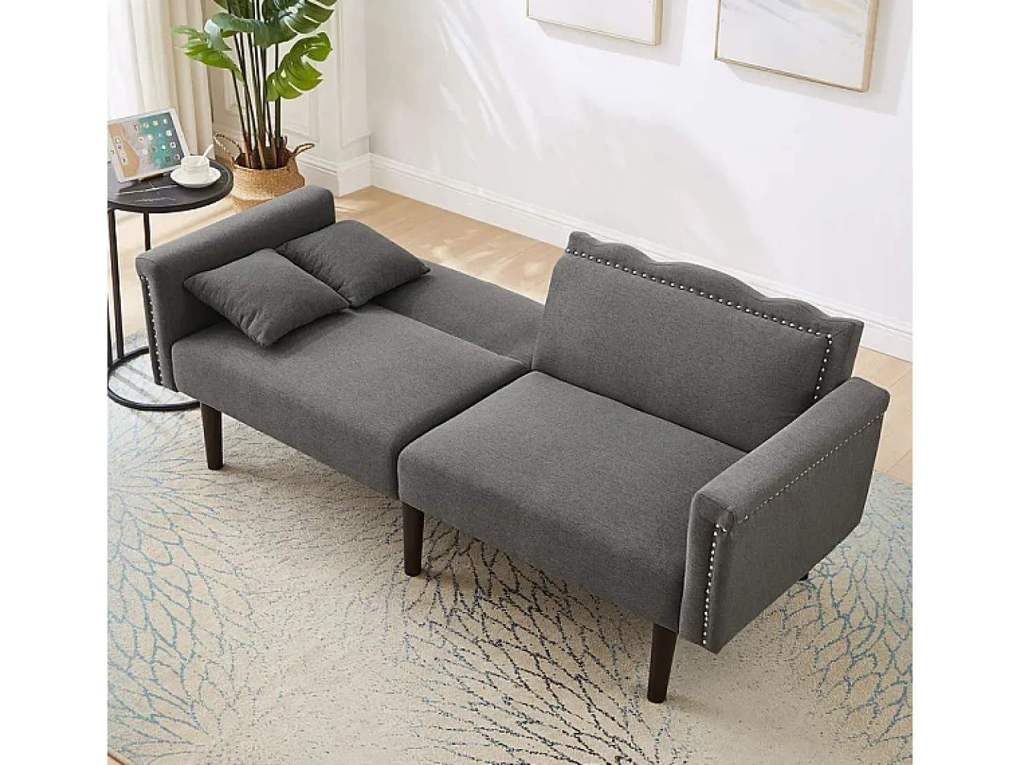 Sofá-cama conversível - com encostos ajustáveis independentes e 2 almofadas - tecido de linho algodão - 176x72/89x72cm - Cinza