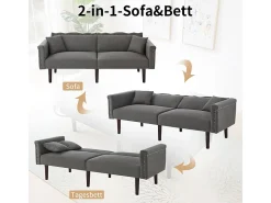 Sofá-cama conversível - com encostos ajustáveis independentes e 2 almofadas - tecido de linho algodão - 176x72/89x72cm - Cinza