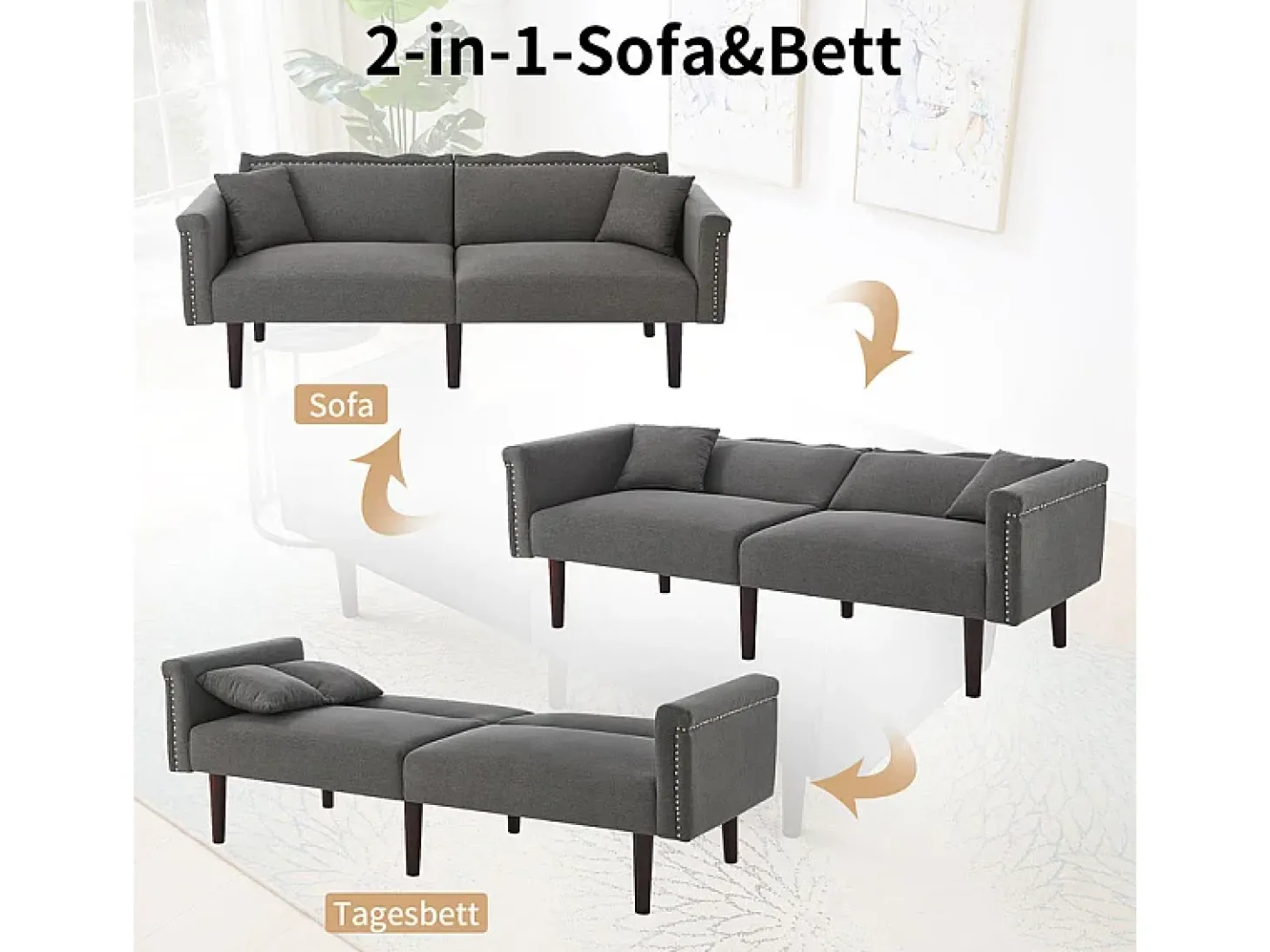 Sofá-cama conversível - com encostos ajustáveis independentes e 2 almofadas - tecido de linho algodão - 176x72/89x72cm - Cinza