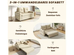 Sofá-cama conversível 3 em 1 - 131 x 81 x 94 cm - com porta-copos + almofadas + porta USB - Algodão e linho - Bege