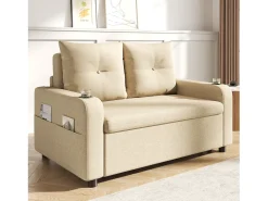Sofá-cama conversível 3 em 1 - 131 x 81 x 94 cm - com porta-copos + almofadas + porta USB - Algodão e linho - Bege