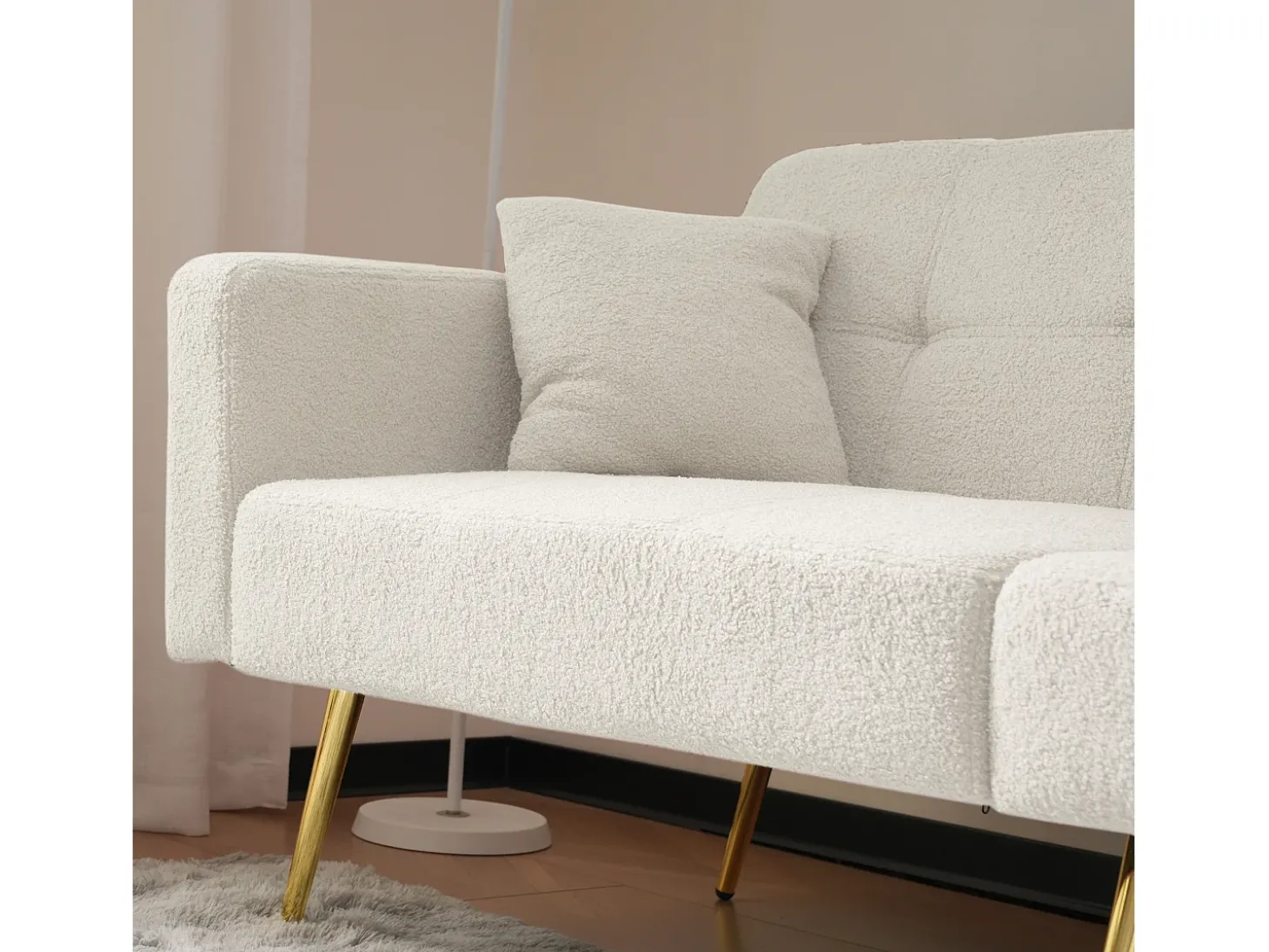 Sofá-cama conversível de 2 lugares em tecido Sherpa - 175 x 64 x 72 cm - Pernas de metal dourado - Branco