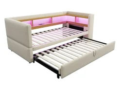 Sofá-cama conversível de 2 lugares, 180 x 190 cm, com LED e USB, estofado com espaço de armazenamento, bege.