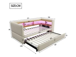 Sofá-cama conversível de 2 lugares, 180 x 190 cm, com LED e USB, estofado com espaço de armazenamento, bege.
