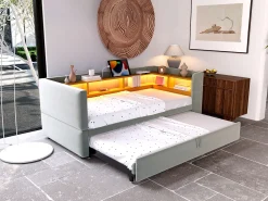 Sofá-cama conversível de 2 lugares, 180 x 190 cm, com LED e USB, estofado e com espaço de armazenamento, cinza.