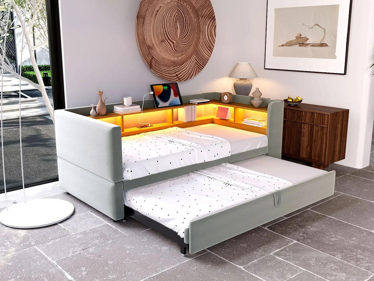 Sofá-cama conversível de 2 lugares, 180 x 190 cm, com LED e USB, estofado e com espaço de armazenamento, cinza.