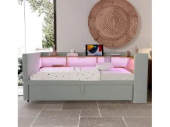 Sofá-cama conversível de 2 lugares, 180 x 190 cm, com LED e USB, estofado e com espaço de armazenamento, cinza.