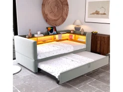 Sofá-cama conversível de 2 lugares, 180 x 190 cm, com LED e USB, estofado e com espaço de armazenamento, cinza.