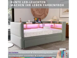 Sofá-cama conversível de 2 lugares, 180 x 190 cm, com LED e USB, estofado e com espaço de armazenamento, cinza.