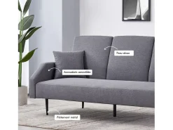 Sofá-cama conversível de 3 lugares cinza em tecido Dublin com braços removíveis