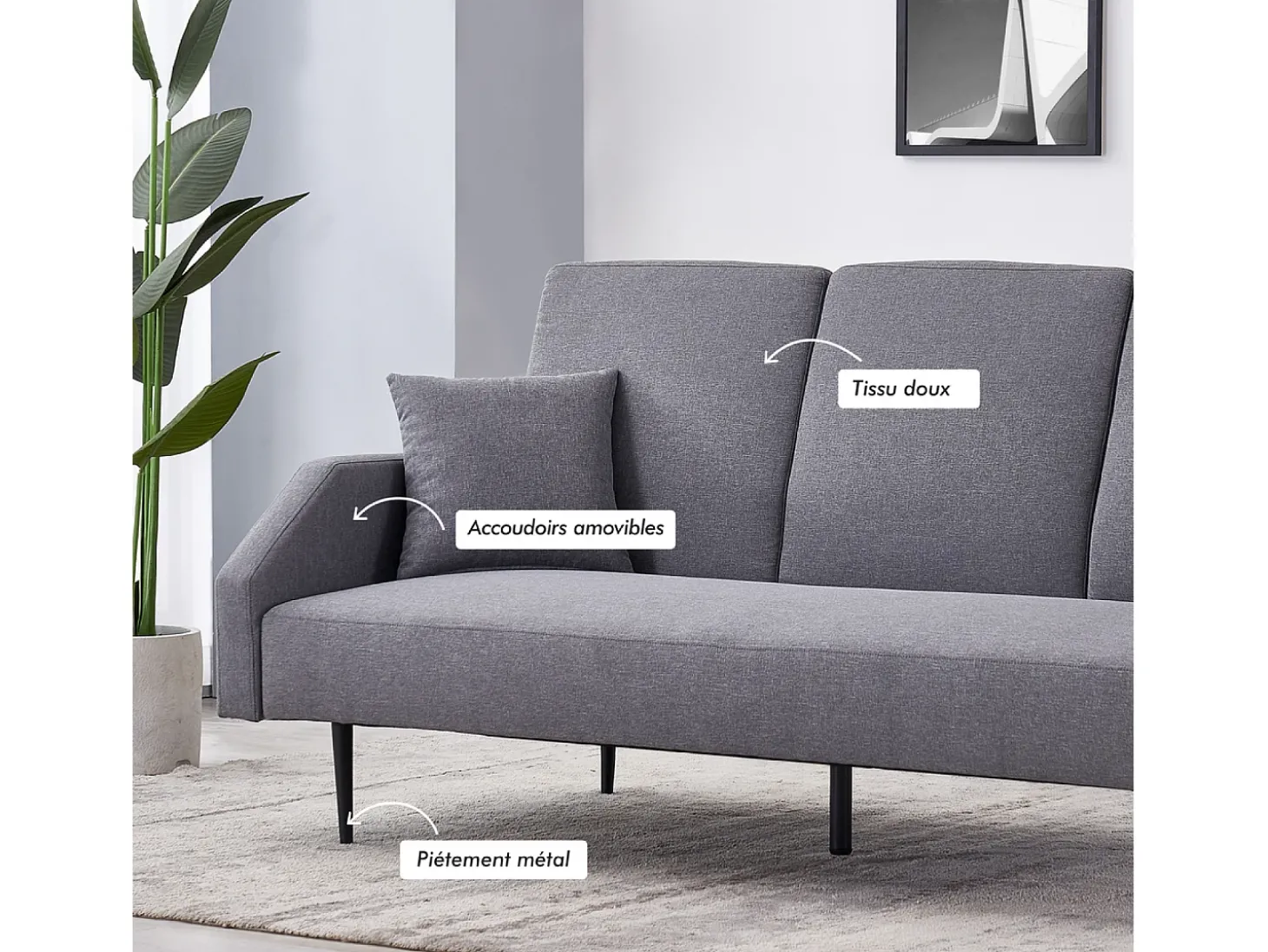 Sofá-cama conversível de 3 lugares cinza em tecido Dublin com braços removíveis
