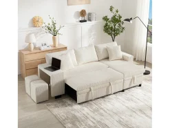 Sofá-cama conversível de 3 lugares - 231 x 131,5 x 84 cm - com USB + almofadas + armazenamento - veludo - bege