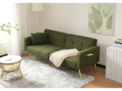 Sofá-cama conversível de 2 lugares em tecido Sherpa - 175 x 64 x 72 cm - Pernas de metal dourado - Verde