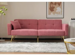 Sofá-cama conversível de 2 lugares em tecido Sherpa - 175 x 64 x 72 cm - Pernas de metal dourado - Rosa