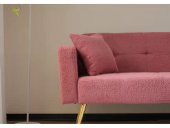 Sofá-cama conversível de 2 lugares em tecido Sherpa - 175 x 64 x 72 cm - Pernas de metal dourado - Rosa