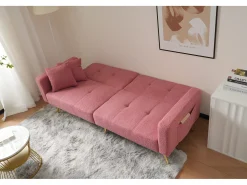 Sofá-cama conversível de 2 lugares em tecido Sherpa - 175 x 64 x 72 cm - Pernas de metal dourado - Rosa