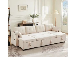 Sofá-cama conversível em U - 270 x 130 x 86 cm - 4 lugares - com porta-copos + armazenamento - algodão + linho - bege