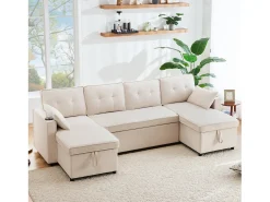 Sofá-cama conversível em U - 270 x 130 x 86 cm - 4 lugares - com porta-copos + armazenamento - algodão + linho - bege