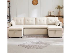Sofá-cama conversível em U - 270 x 130 x 86 cm - 4 lugares - com porta-copos + armazenamento - algodão + linho - bege