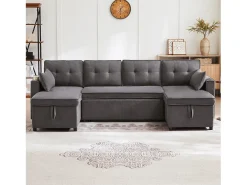 Sofá-cama conversível em U - 270 x 130 x 86 cm - 4 lugares - com porta-copos + armazenamento - algodão + linho - cinza