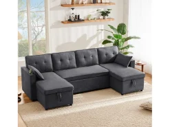 Sofá-cama conversível em U - 270 x 130 x 86 cm - 4 lugares - com porta-copos + armazenamento - algodão + linho - cinza
