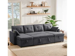 Sofá-cama conversível em U - 270 x 130 x 86 cm - 4 lugares - com porta-copos + armazenamento - algodão + linho - cinza