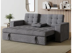 Sofá-Cama Conversível Modular de 3 Lugares em Veludo Cotelê Cinza com Armazenamento NOHO