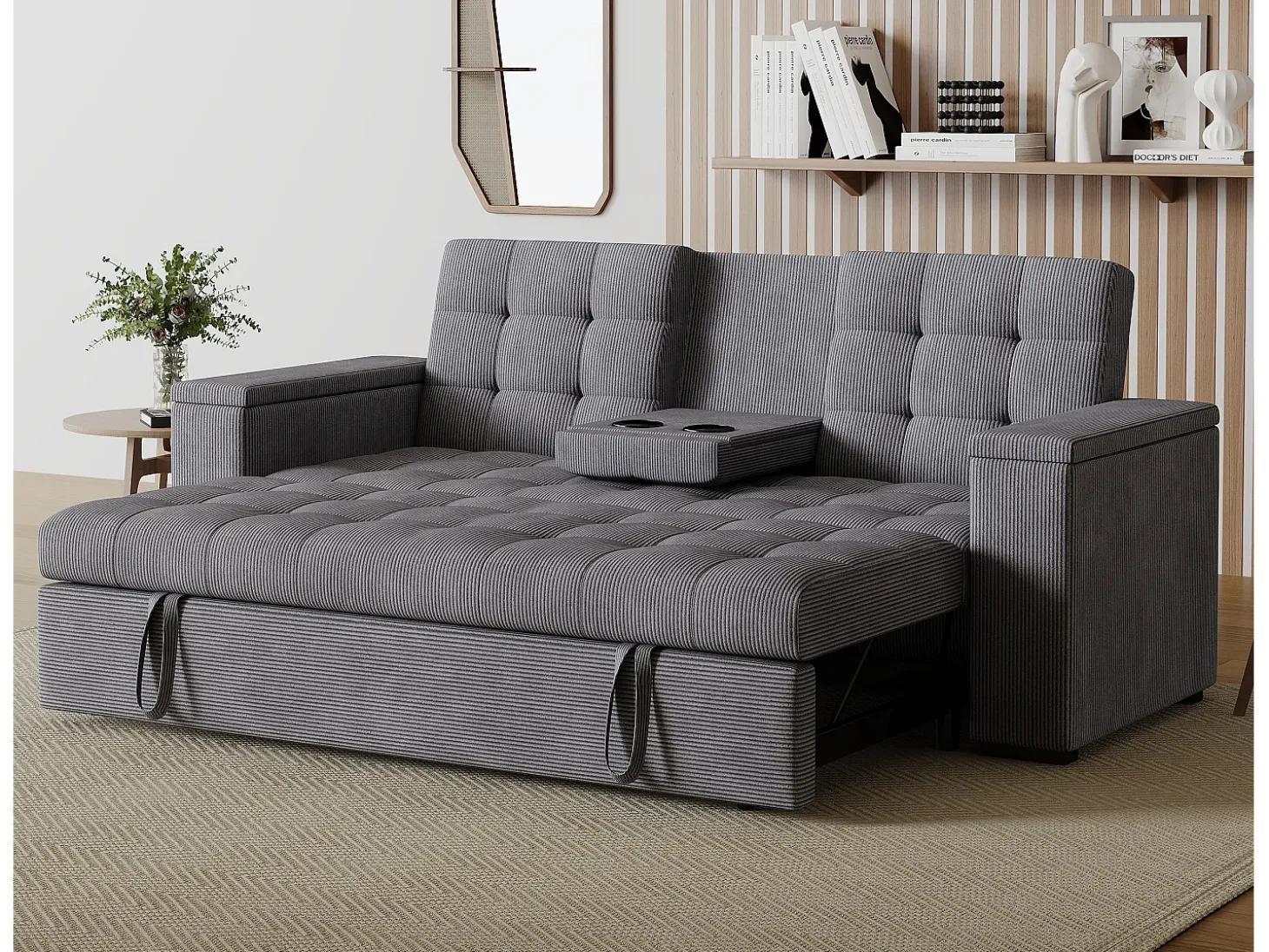 Sofá-Cama Conversível Modular de 3 Lugares em Veludo Cotelê Cinza com Armazenamento NOHO