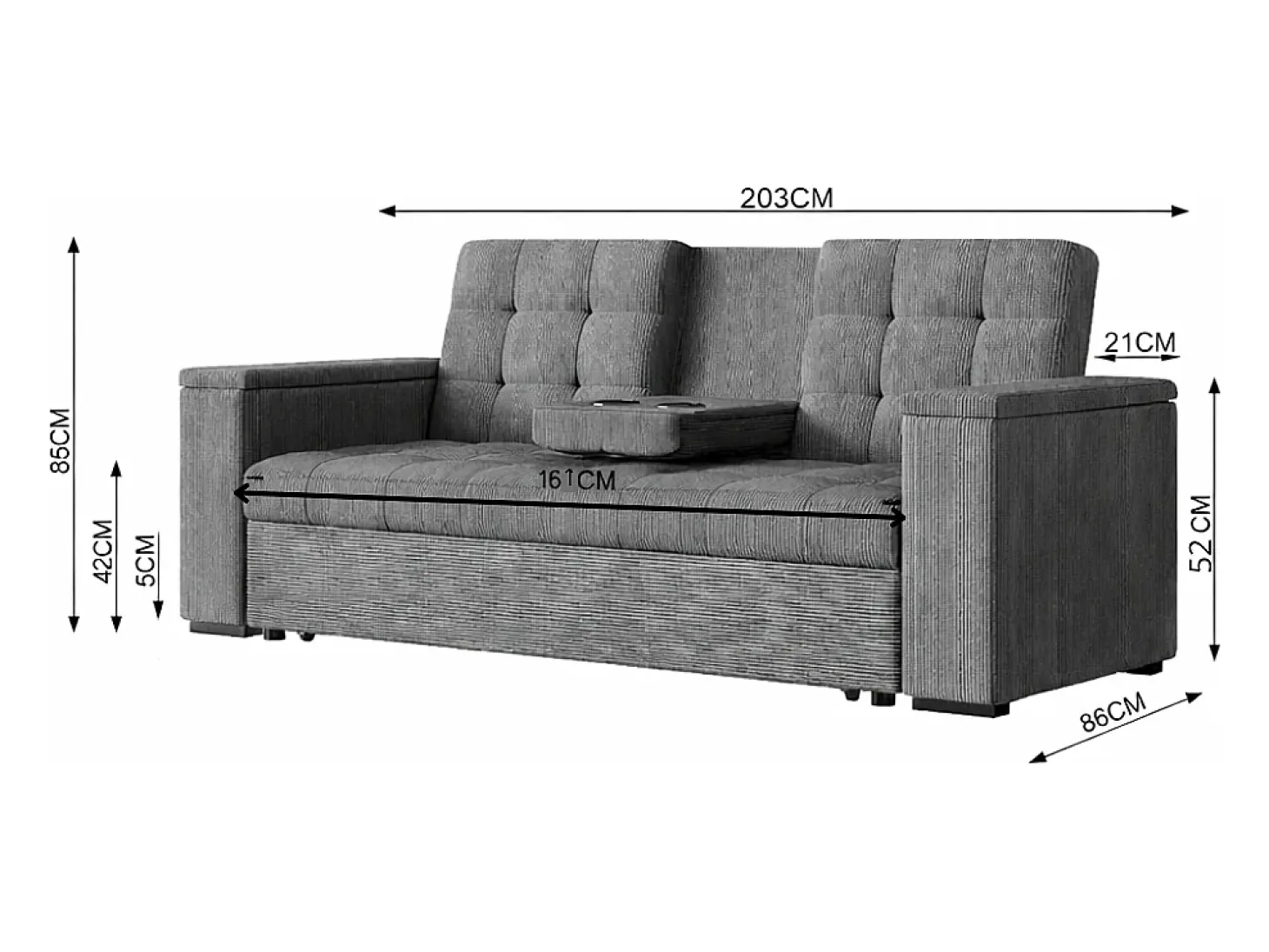 Sofá-Cama Conversível Modular de 3 Lugares em Veludo Cotelê Cinza com Armazenamento NOHO