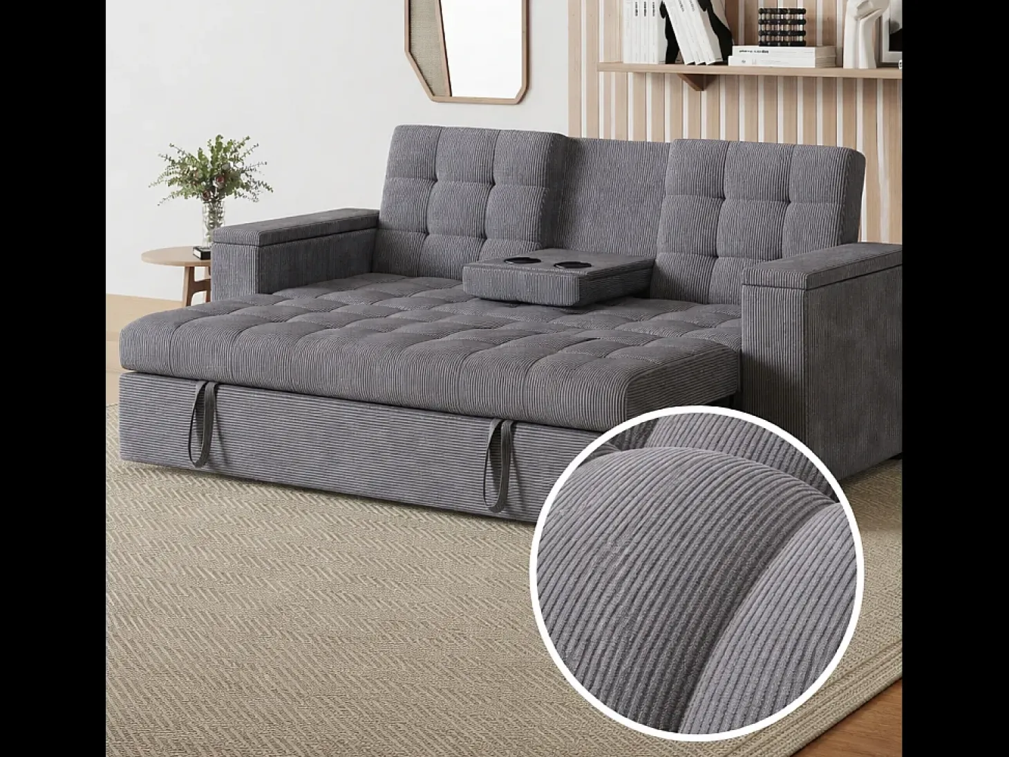 Sofá-Cama Conversível Modular de 3 Lugares em Veludo Cotelê Cinza com Armazenamento NOHO