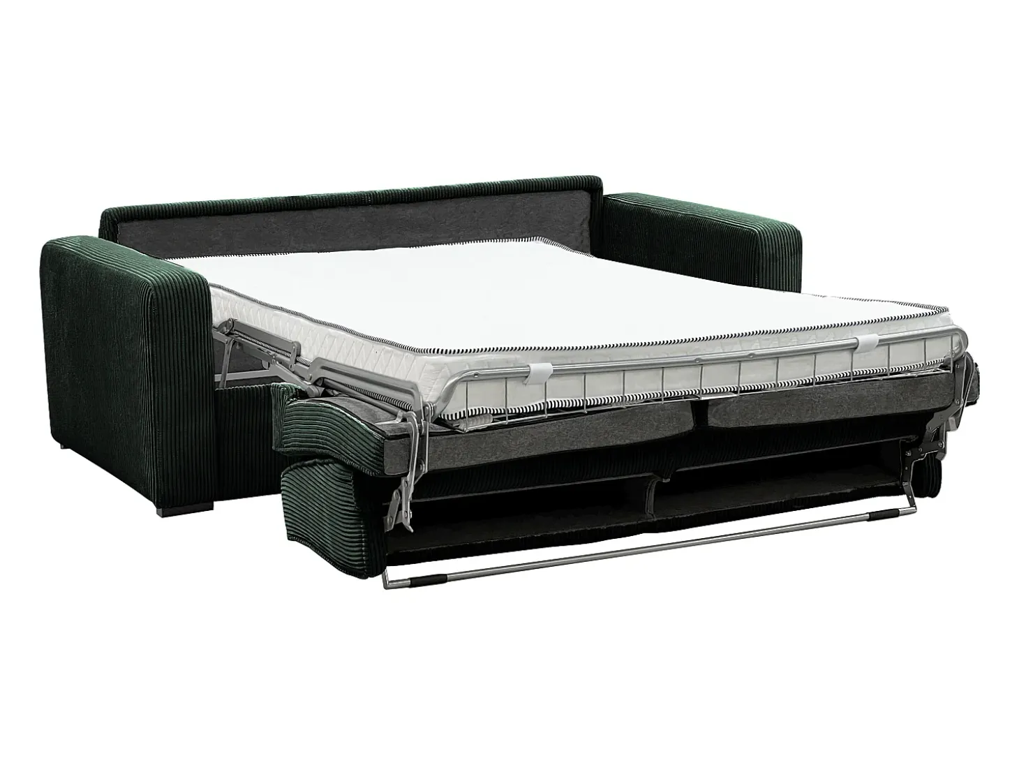 Sofá-cama conversível MONDOVI Express em veludo cotelê verde, área para dormir de 160 cm, colchão de 16 cm.