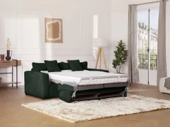 Sofá-cama conversível MONDOVI Express em veludo cotelê verde, área para dormir de 160 cm, colchão de 16 cm.