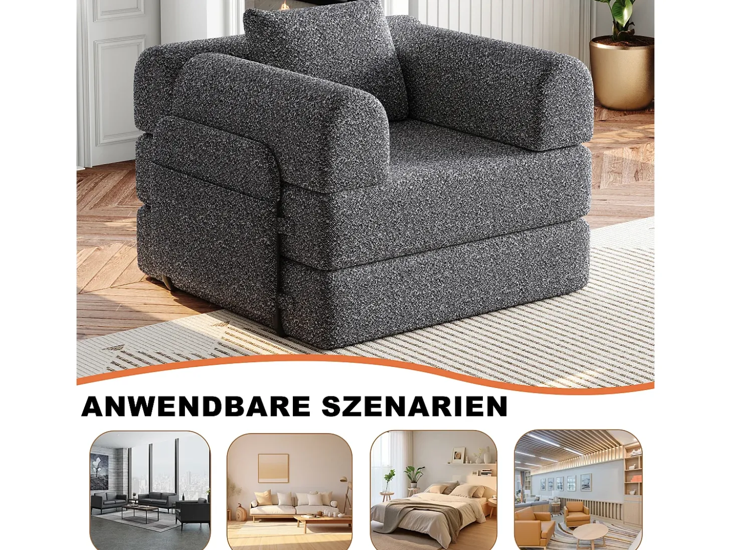 Sofá-cama convertível - Um lugar - Tecido chenille cinzento